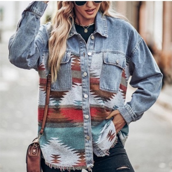 Denim Southwest Blanket Chouyatou Navaho Blanket Print Button Jacket L - Picture 2 of 16